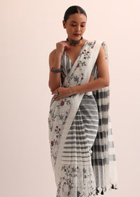 White Cotton Linen Woven Saree With Unstitched Blouse