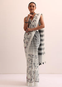 White Cotton Linen Woven Saree With Unstitched Blouse