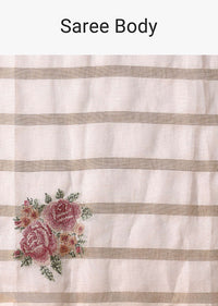 White Cotton Linen Zari Striped Saree With Floral Motifs And Unstitched Blouse Piece