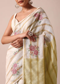 White Cotton Linen Zari Striped Saree With Floral Motifs And Unstitched Blouse Piece