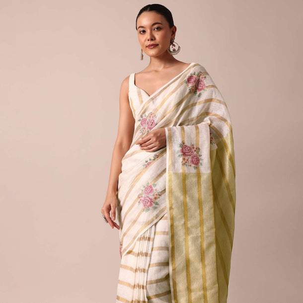 White Cotton Linen Zari Striped Saree With Floral Motifs And Unstitched Blouse Piece