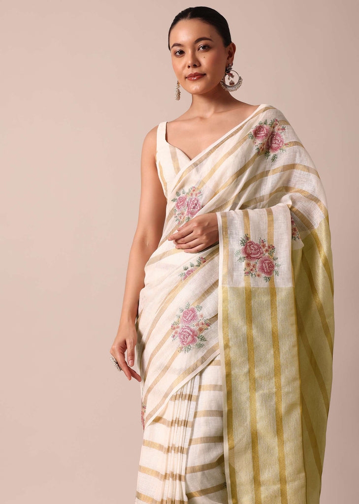 White Cotton Linen Zari Striped Saree With Floral Motifs And Unstitched Blouse Piece