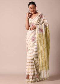 White Cotton Linen Zari Striped Saree With Floral Motifs And Unstitched Blouse Piece