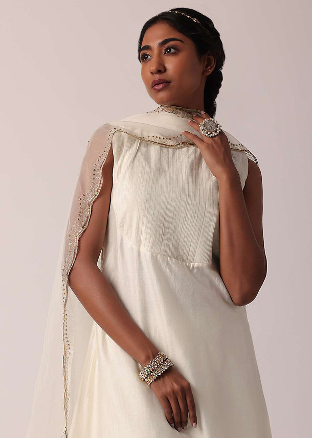 White Chanderi Pant Set With A-Line Kurta
