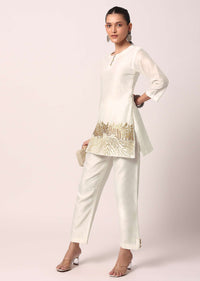 White Cotton Pant Set With Zari Work