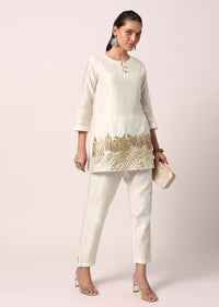 White Cotton Pant Set With Zari Work