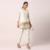 White Cotton Pant Set With Zari Work