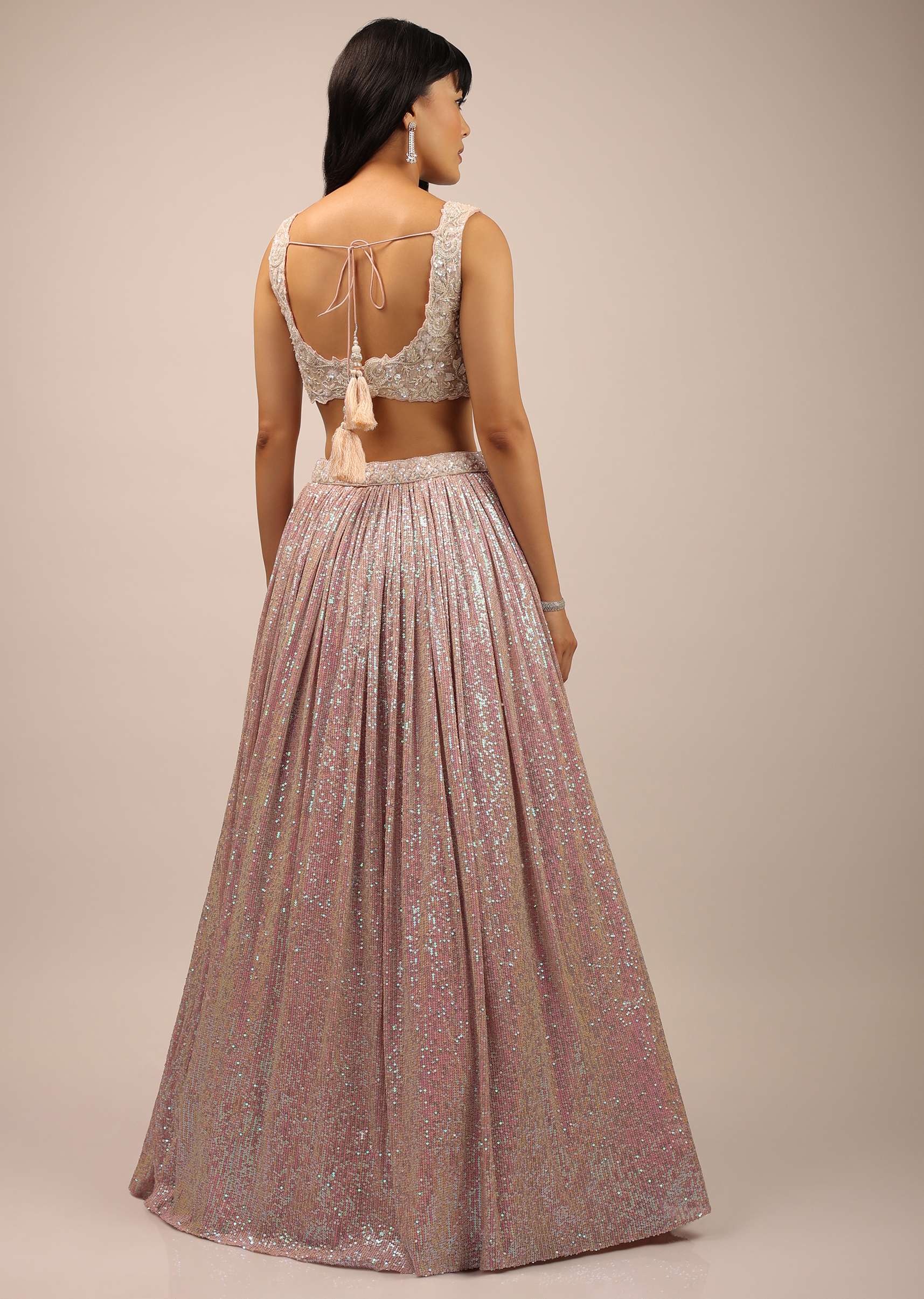 Blush Pink Crop Top And Pleated Skirt With Sequins