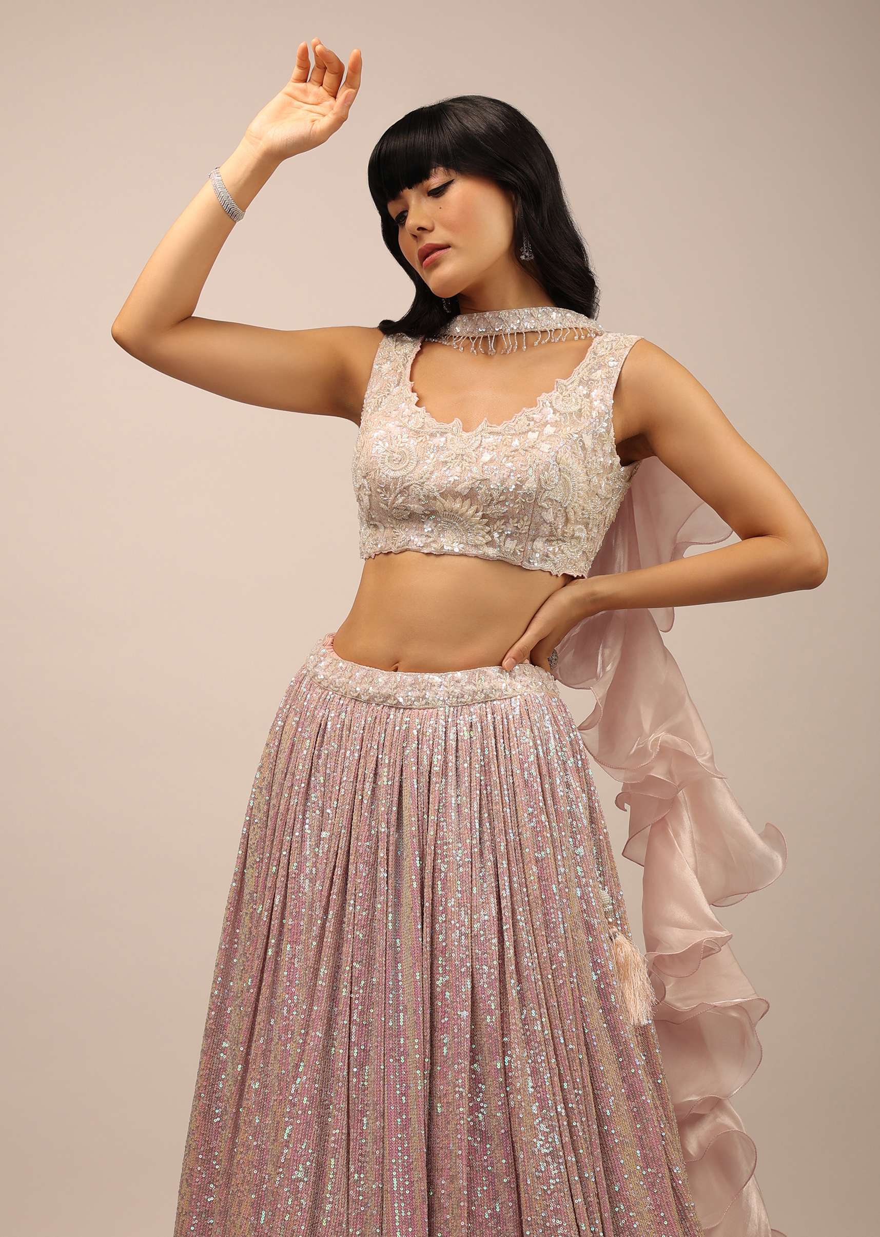 Blush Pink Crop Top And Pleated Skirt With Sequins