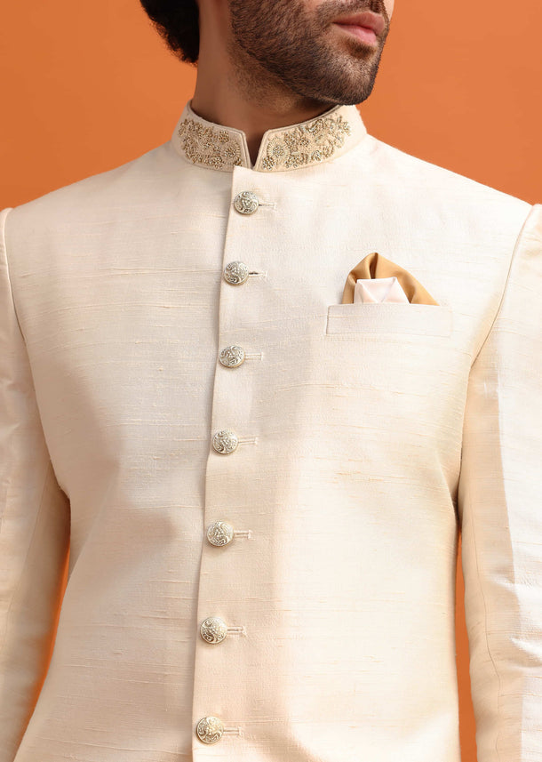 White Cut Work Embroidered Sherwani For Men