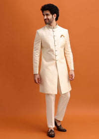 White Cut Work Embroidered Sherwani For Men