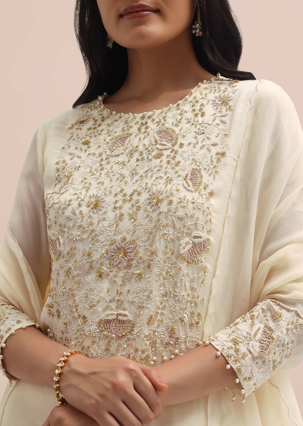 White Embroidered Chiffon Kurta Set With Dupatta