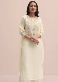 White Embroidered Chiffon Kurta Set With Dupatta