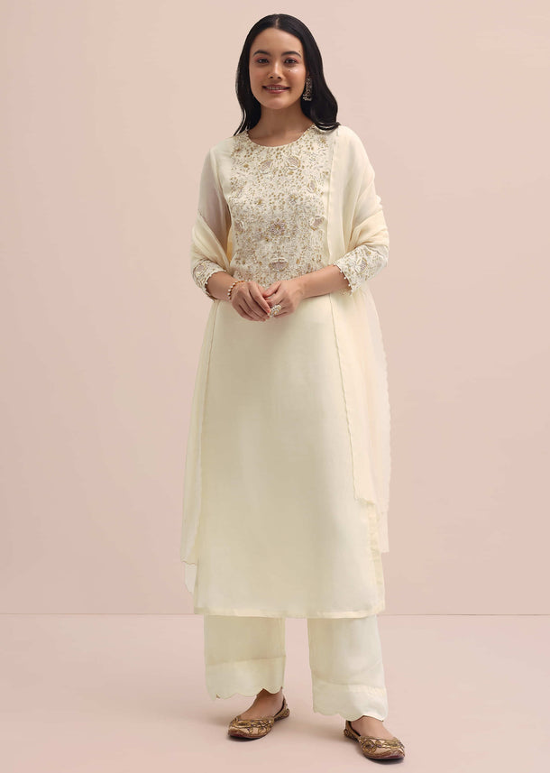 White Embroidered Chiffon Kurta Set With Dupatta