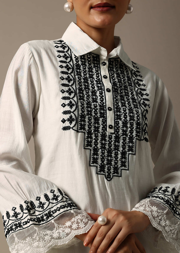 White Embroidered Cotton Kurta And Pant