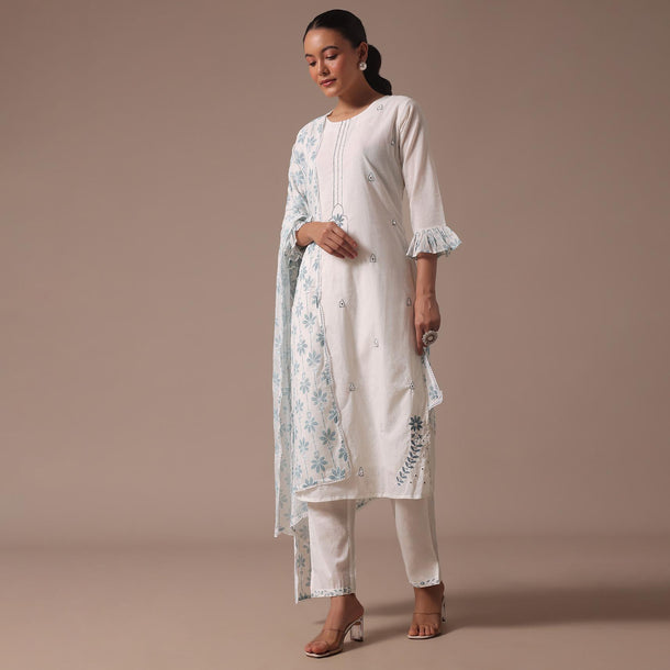 White Embroidered Cotton Kurta Pant Set