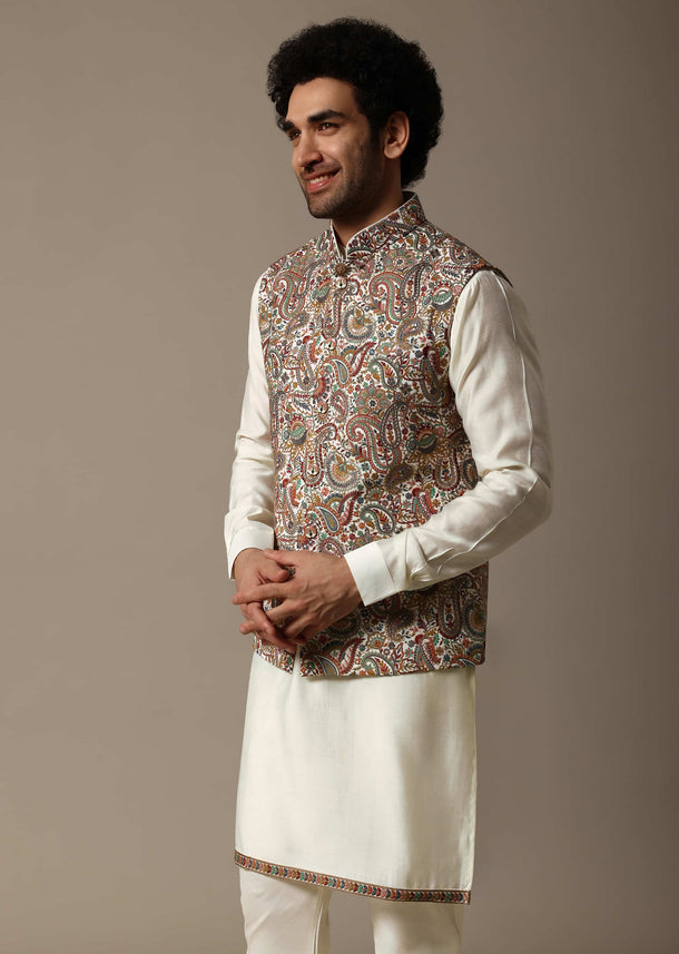 White Embroidered Georgette Kurta Jacket Set For Men