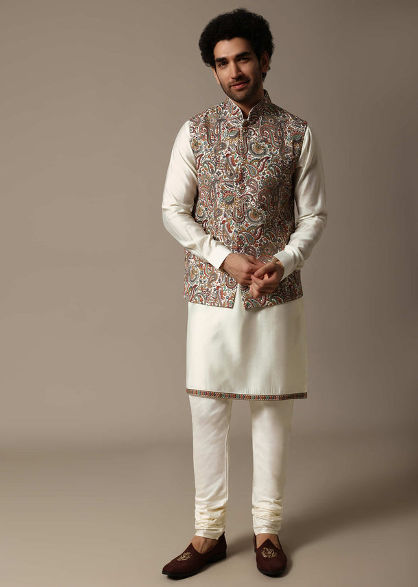 White Embroidered Georgette Kurta Jacket Set For Men