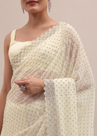 White Embroidered Georgette Saree With Unstitched Blouse