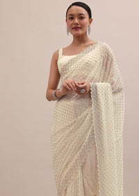 White Embroidered Georgette Saree With Unstitched Blouse