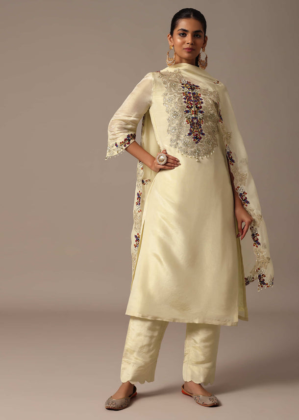 White Embroidered Kurta Pant Set With Dupatta