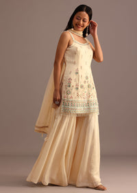 Ivory Embroidered Kurti Sharara Set With Net Dupatta