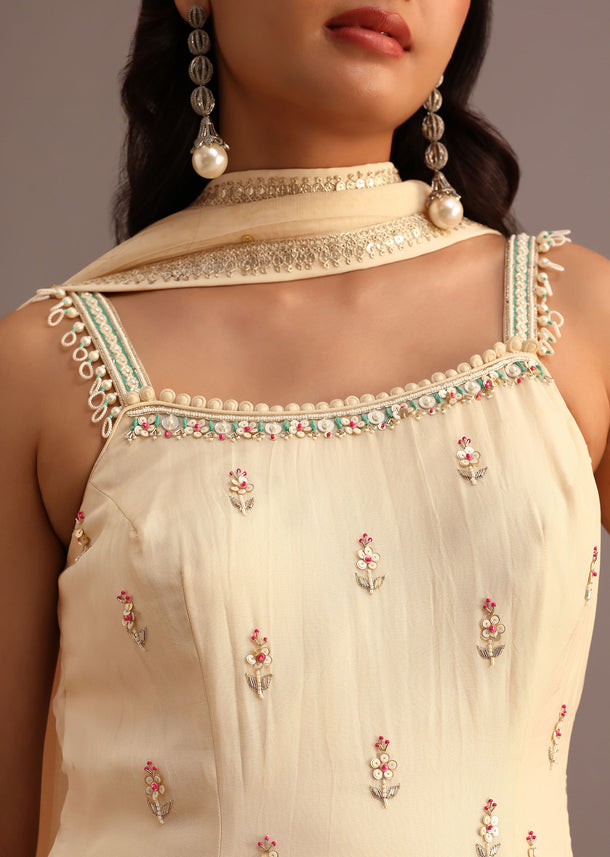 Ivory Embroidered Kurti Sharara Set With Net Dupatta