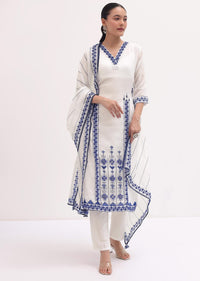 White Embroidered Linen Kurta Pant Set