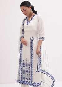 White Embroidered Linen Kurta Pant Set