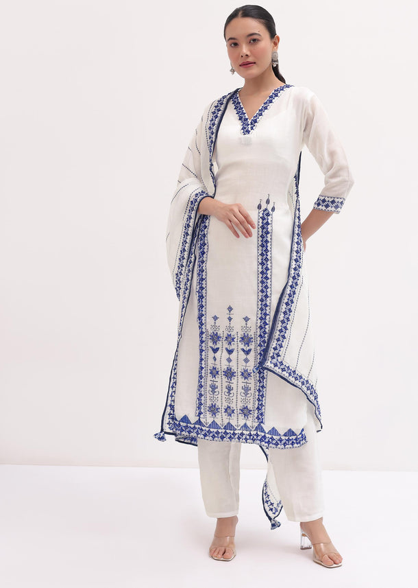 White Embroidered Linen Kurta Pant Set