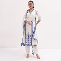 White Embroidered Linen Kurta Pant Set