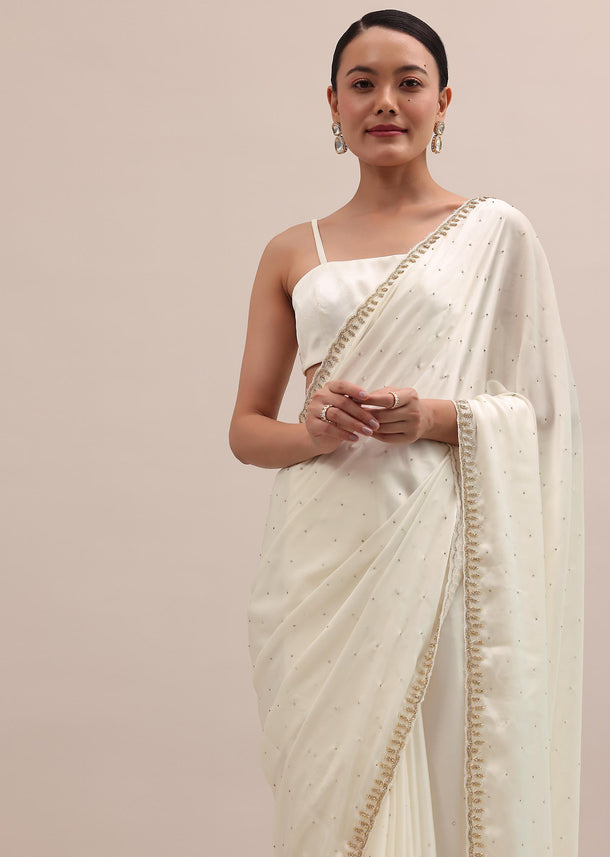 White Embroidered Satin Saree With Unstitched Blouse