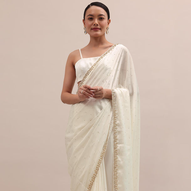 White Embroidered Satin Saree With Unstitched Blouse