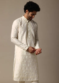 White Embroidered Silk Kurta Set For Men