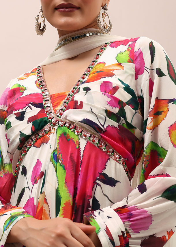 White Embroidered Silk Kurta Set With Dupatta
