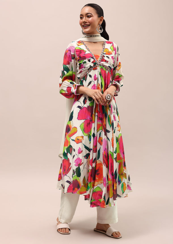 White Embroidered Silk Kurta Set With Dupatta