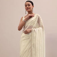 White Embroidered Tissue Saree With Unstitched Blouse