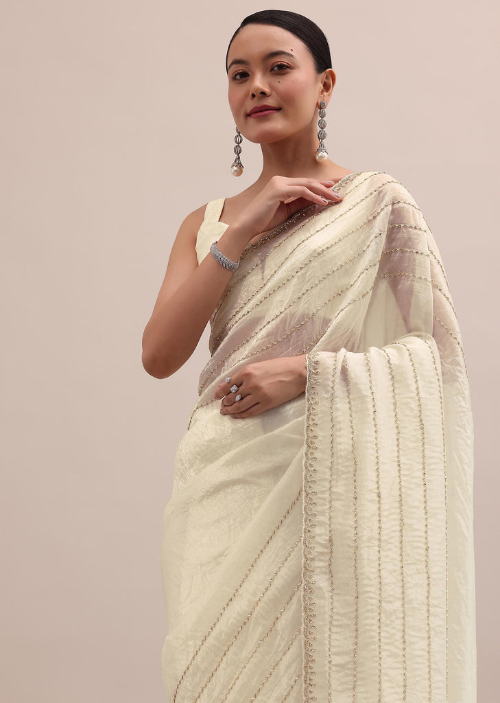 White Embroidered Tissue Saree With Unstitched Blouse