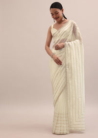 White Embroidered Tissue Saree With Unstitched Blouse