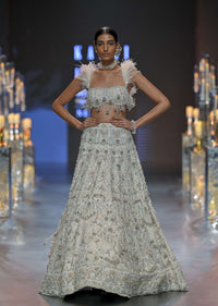 White Feather Blouse And Bridal Lehenga Set In Art Silk