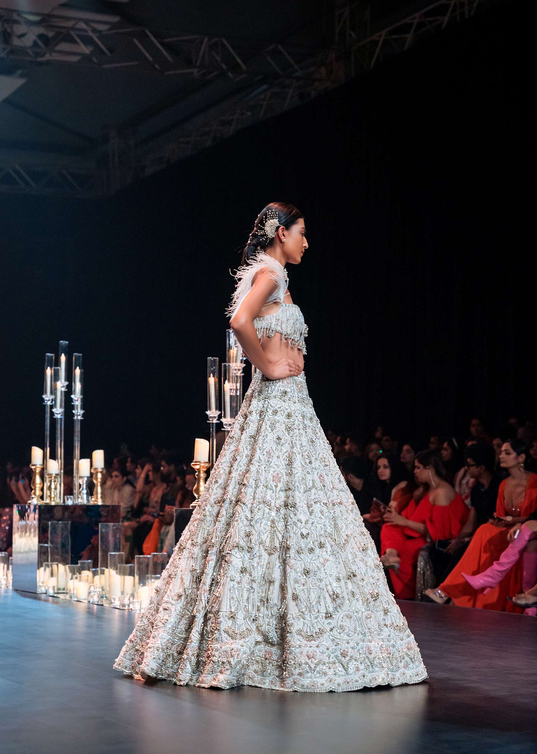 White Feather Blouse And Bridal Lehenga Set In Art Silk