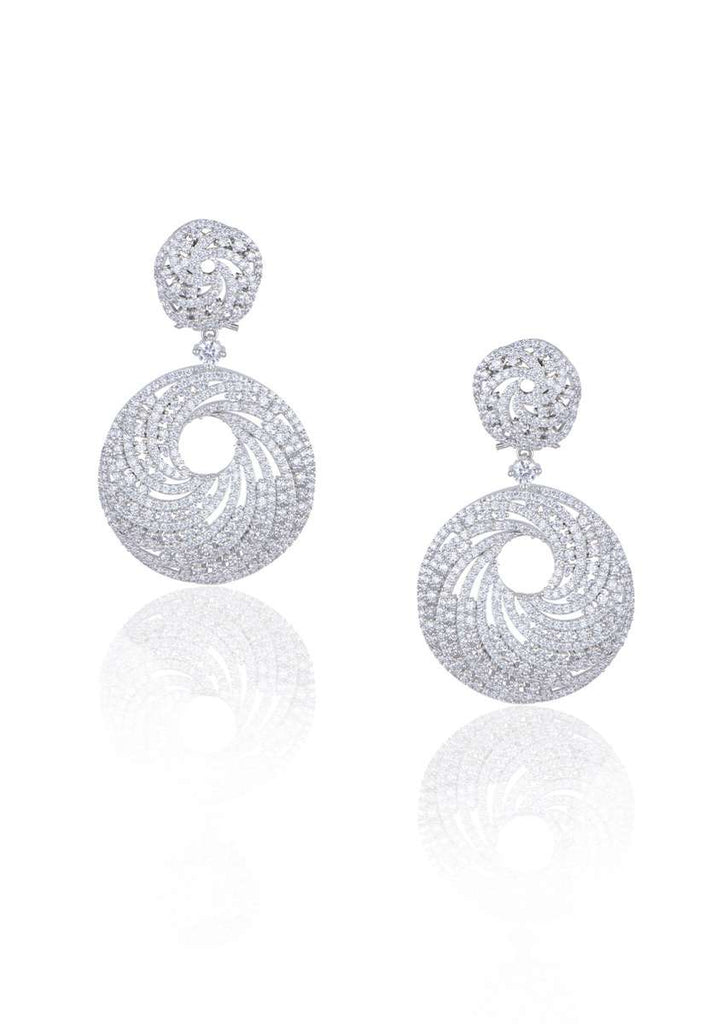 White Finish Long Earrings In A Modern Geometric Design With Faux Diamonds By Aster