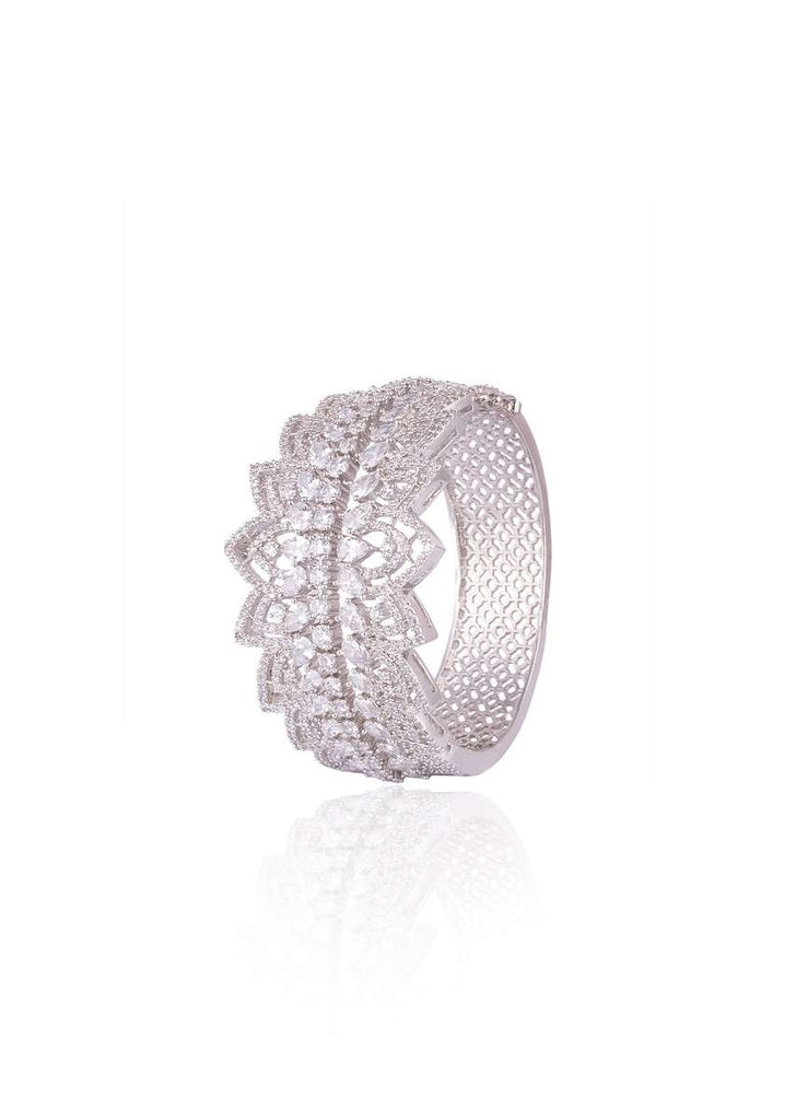 White Finish Openable Kada Bracelet Studded With Faux Diamonds In Petal Design By Aster