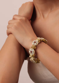 White Finish Temple Bangle With Floral Motifs And Meenakari Work