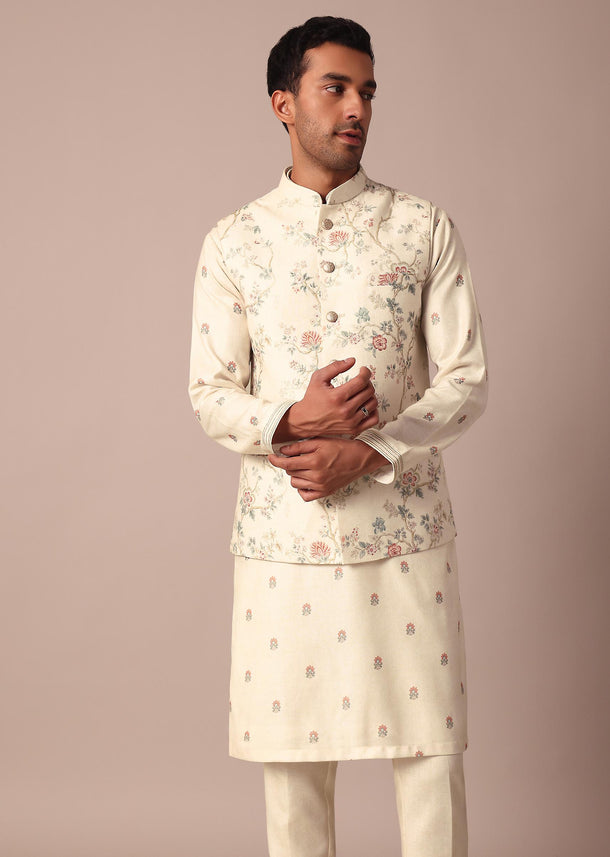 White Floral Print Jacket Kurta Set