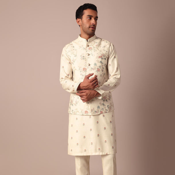 White Floral Print Jacket Kurta Set