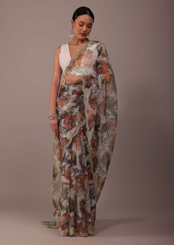 White Floral Printed Saree In Organza With Cut Dana Embroidery