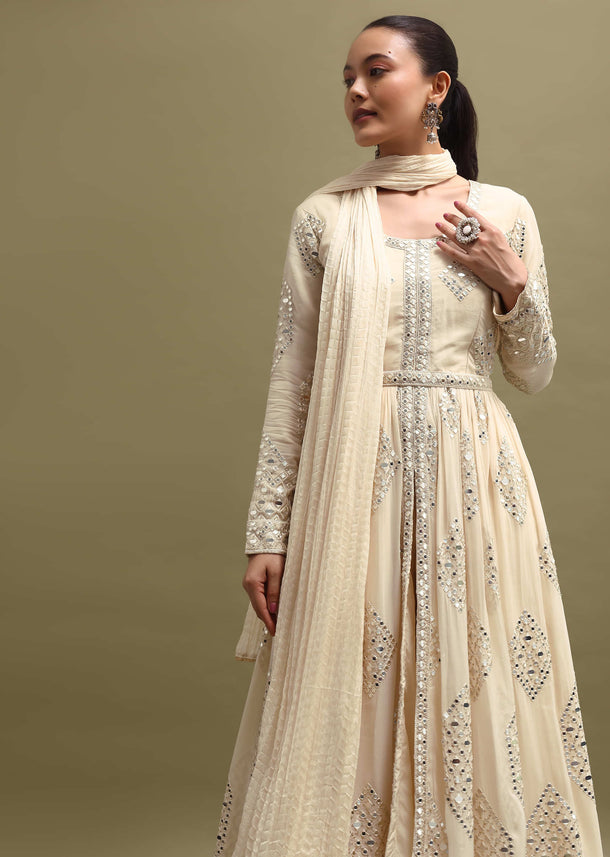 White Georgette Anarkali Set In Mirror Work