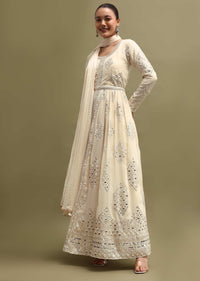 White Georgette Anarkali Set In Mirror Work