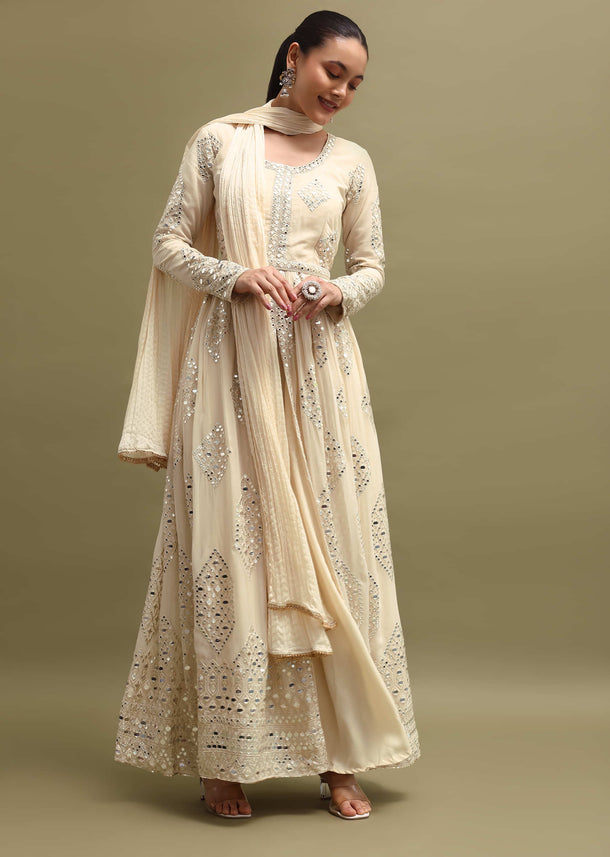 White Georgette Anarkali Set In Mirror Work